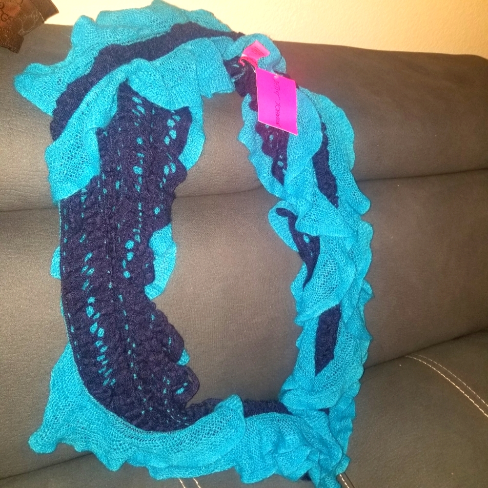 New Betsey Johnson Blue Crochet knit double loop scarf